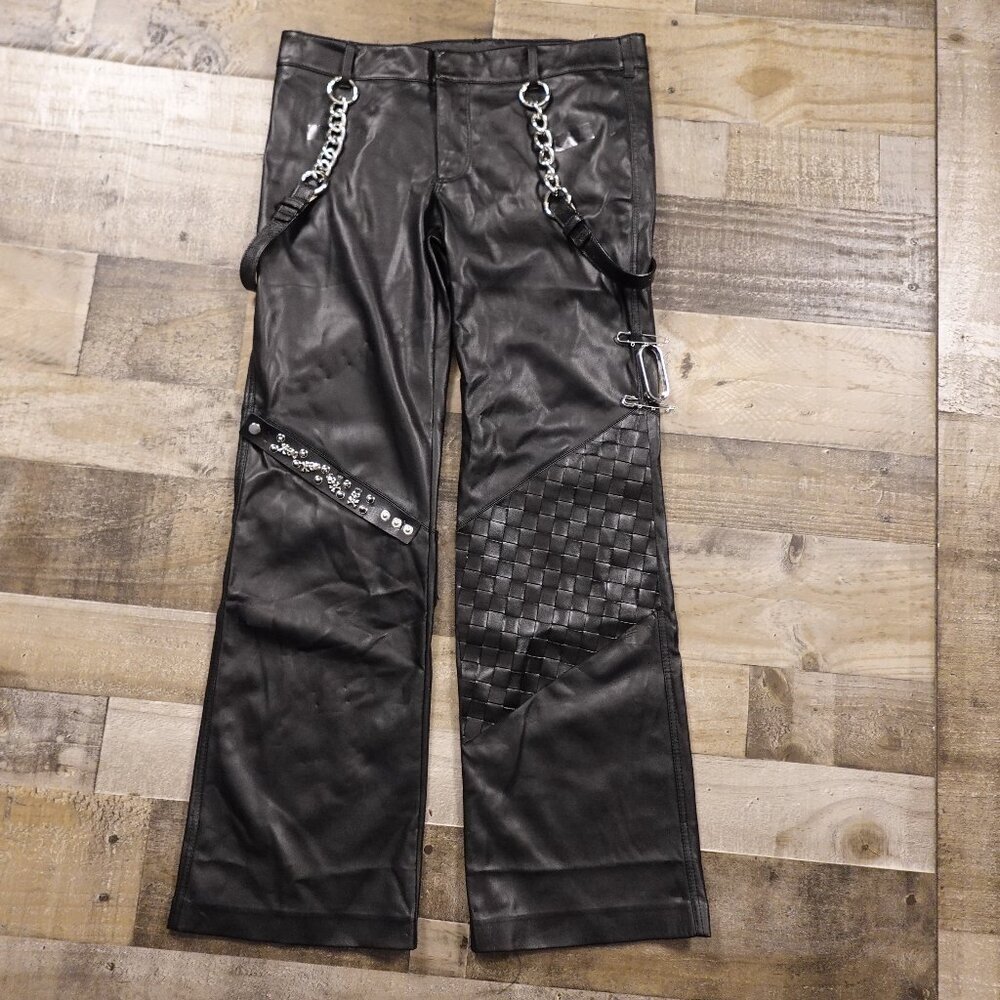 Free‎ People Black Faux Leather Moto Pants - Size 8 - Punk/Goth Rocker Chains